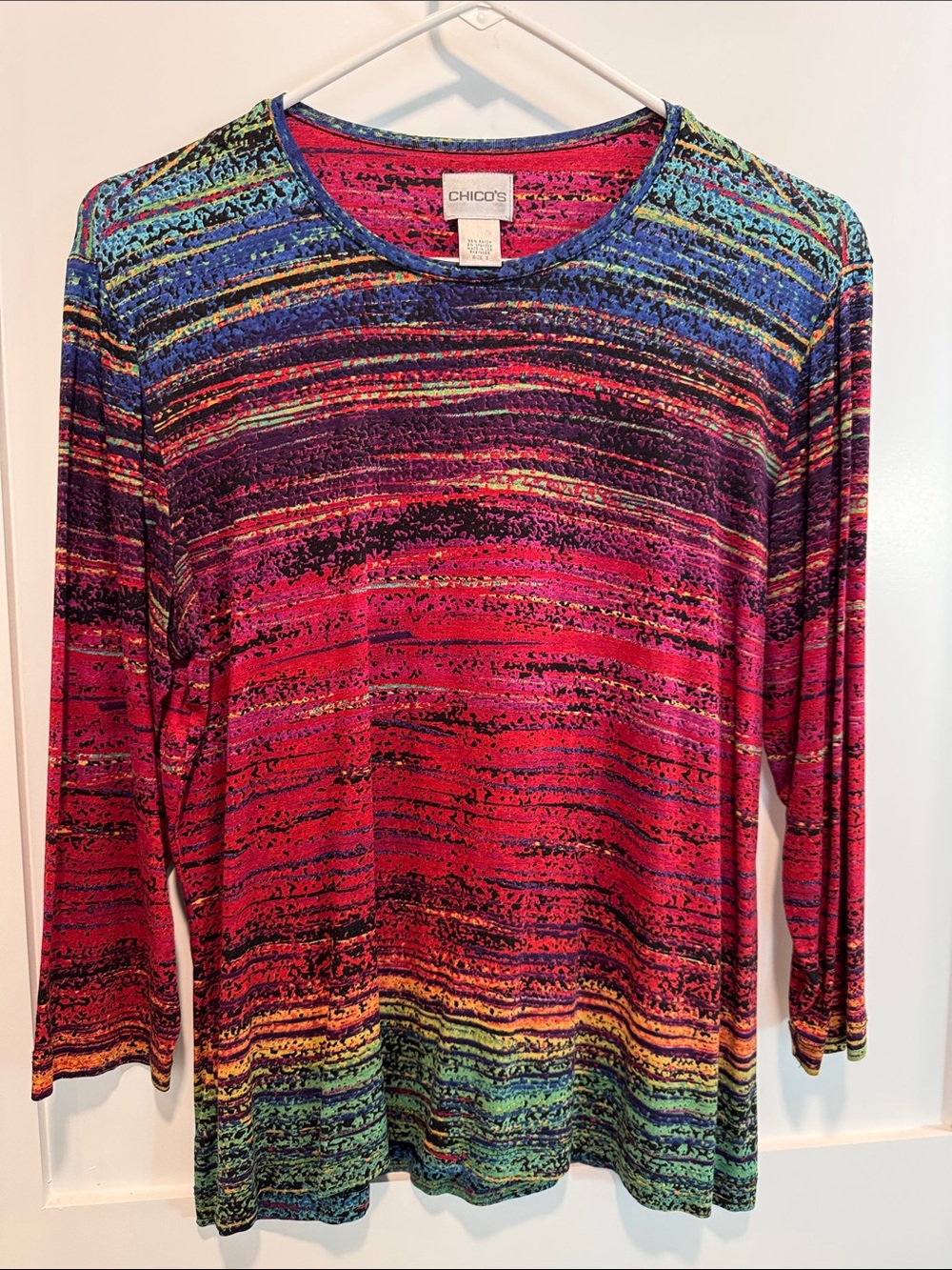 Chico's Multicolor Striped 3/4 Sleeve Crewneck Top - Red, Blue, Green, Yellow